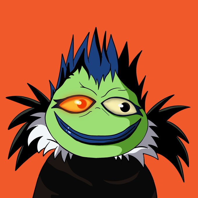 A green cartoon troll-like character with spiky blue hair, one orange glowing eye, and a wide blue smile on an orange background.