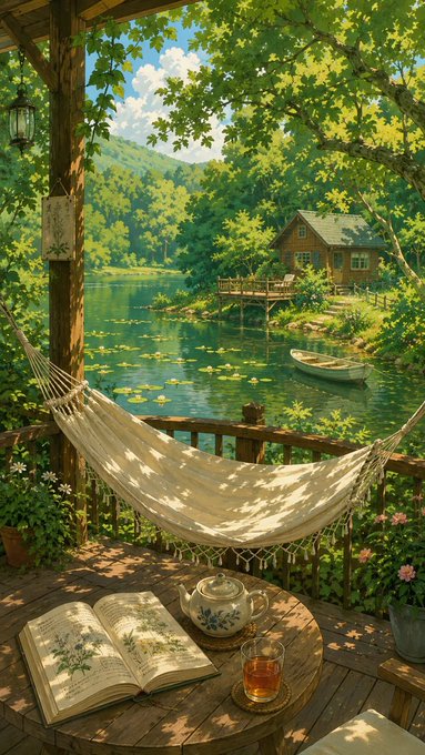 A serene illustrated scene of a lakeside porch with a hammock, open book, teapot, and teacup on a wooden table, overlooking a tranquil pond with a cabin and boat in the distance.