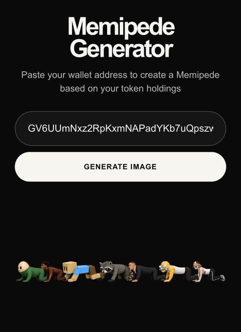A "Memipede Generator" interface with a wallet address field (GV6UUmNxz2RpKxmNAPadYKb7uQpszv) and a "Generate Image" button, displayed above a row of centipede-style meme characters, promoting the new image creation feature for $MEMIPEDE.