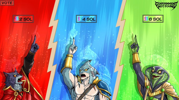 An illustration depicts three character options (werewolf, shark-man, and snake-man) for voting, labeled '2 SOL', '4 SOL', and '6 SOL' respectively, with a 'GOVERNMENT NOT FOUND' logo.
