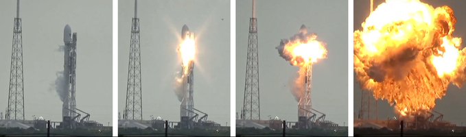 A sequence of images showing a rocket launchpad, from an intact rocket through ignition to a massive fiery explosion. The post compares $SPCX's recent trading charts to this dramatic rocket failure, humorously suggesting the stock's rapid ascent was similarly catastrophic.