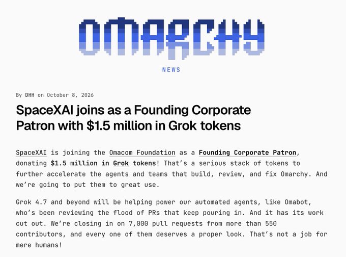 An OMACM News article dated October 8, 2026, titled "SpaceXAI joins as a Founding Corporate Patron with $1.5 million in Grok tokens," announcing the donation to the Omacom Foundation.