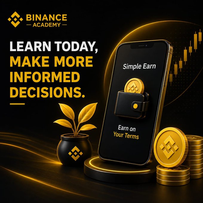 The image is a promotional graphic for "Binance Academy" with the tagline "LEARN TODAY, MAKE MORE INFORMED DECISIONS." featuring a smartphone displaying "Simple Earn - Earn on Your Terms," alongside a potted plant, a wallet icon with a gold coin, and stacks of Binance-branded coins against a dark background with candlestick chart imagery. It visually reinforces the post's message by highlighting Binance Simple Earn as an example of the diverse crypto products users can learn about to become more informed participants beyond just trading.
