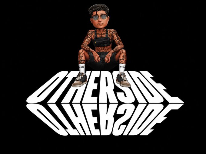 A stylized cartoon figure covered in tattoos and wearing overalls and round sunglasses sits atop a bold white "OTHERSIDE" logo against a black background. The image ties to the post by visually reinforcing the Otherside Meta branding referenced in the message celebrating community and good vibes.