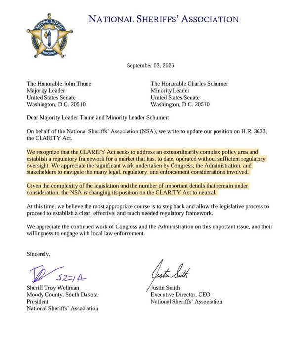A letter from the National Sheriffs' Association dated September 3, 2026, addressed to Senate Majority Leader John Thune and Minority Leader Charles Schumer, stating that the NSA is **changing its position to neutral** on H.R. 3633, the CLARITY Act, due to the complexity of the legislation. This contradicts the accompanying post's claim that the NSA supports the CLARITY Act—in reality, the letter shows the law enforcement group is stepping back from an endorsement and urging Congress to proceed with a clear regulatory framework.