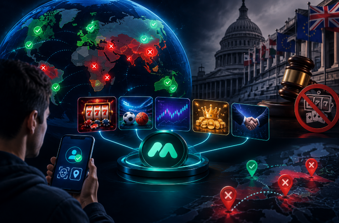 A digital illustration depicting global cryptocurrency gambling regulation, showing a globe with check and X marks over different countries, a courtroom gavel, a no-gambling sign, and various gaming icons connected to a central platform logo.