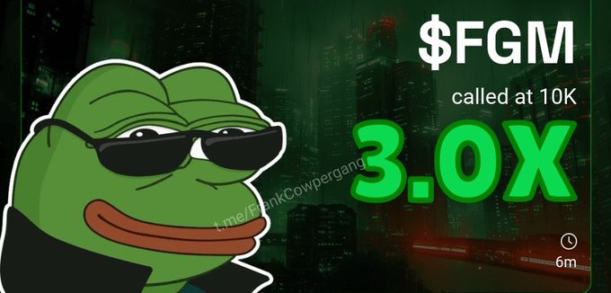 A Pepe the Frog meme wearing sunglasses next to '$FGM called at 10K 3.0X' text in green, with a watermark reading 't.me/ForkCowpergang' over a dark city skyline background.