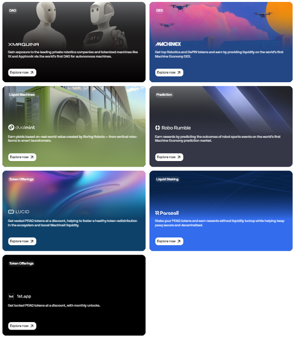 Crypto platform interface displaying a grid of project cards including XMAQUINA, MACHINEX, dualmint, Robo Rumble, LUCID, Parasail, and 1st_app, featuring categories like "Token Offerings," "Liquid Machines," and "Prediction."