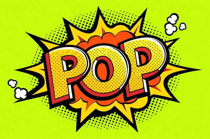 A pop art comic-style graphic with the word 'POP' in bold yellow letters against an orange and yellow explosion burst on a bright green background.
