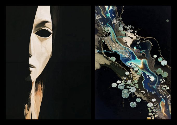 A side-by-side composition features a painting of a pale figure wearing a white mask on the left and an abstract piece with swirling blue, gold, and green resin art mixed with floral elements on the right.