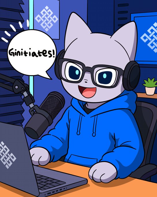 A cartoon illustration of a cheerful white cat character wearing glasses, headphones, and a blue hoodie, sitting at a laptop with a microphone and saying 'Ginitiates!' in a speech bubble.