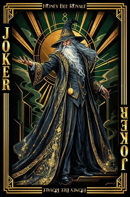 A tarot-style card illustration titled 'JOKER' from 'Honey Bee Royale,' depicting a wizard with a long white beard in an ornate black and gold robe against a decorative green and gold Art Deco background.