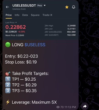 A crypto trading signal chart for the $USELESS token on the Perpetual protocol showing a LONG position with entry at $0.22-023, stop loss at $0.19, and three take profit targets up to $0.35.