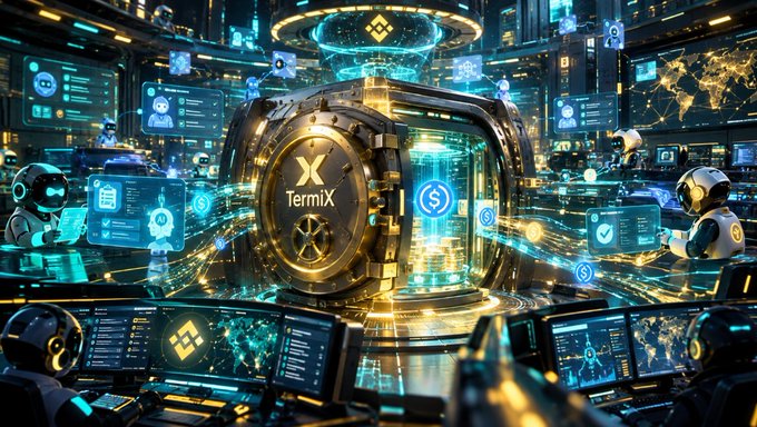 A futuristic sci-fi illustration of a glowing circular device labeled 'TermiX' surrounded by digital interfaces, world maps, and robotic figures in a high-tech control room.