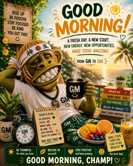 A motivational poster featuring a Bored Ape character wearing a headband and 'GM' t-shirt, holding a 'GM' mug, surrounded by uplifting text like 'GOOD MORNING!' and 'FROM GN TO GM'.