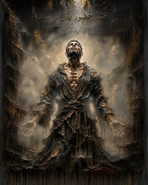 A dark, textured painting depicting a bearded man with arms outstretched, appearing to emerge from or ascend within a shadowy, cavernous space.
