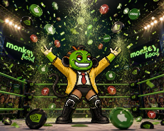 A pixel-art monkey character wearing a yellow jacket stands triumphantly in a wrestling ring amid falling crypto coins and green confetti, with "monkeyhood" branding on screens in the background.
