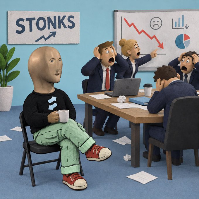 A 3D rendering shows a mannequin-like figure sitting calmly with a coffee mug in an office where panicked coworkers look at declining charts; a wall sign reads 'STONKS' with an upward arrow.
