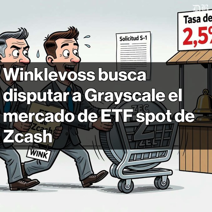 A cartoon illustration of two nervous businessmen pushing a shopping cart full of 'ZEC' and 'ZECash' coins, with Spanish text reading 'Winklevoss busca disputar a Grayscale el mercado de ETFs spot de Zcash'.