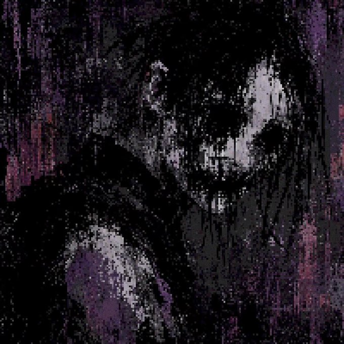 A dark, pixelated digital artwork depicting a hooded figure with a shadowy, obscured face against a textured purple and black background.