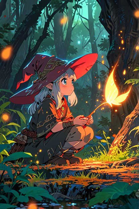 An anime-style illustration of a young witch with silver hair and a large red hat, kneeling in a mystical forest at night while holding a glowing leaf-like wand surrounded by fireflies.