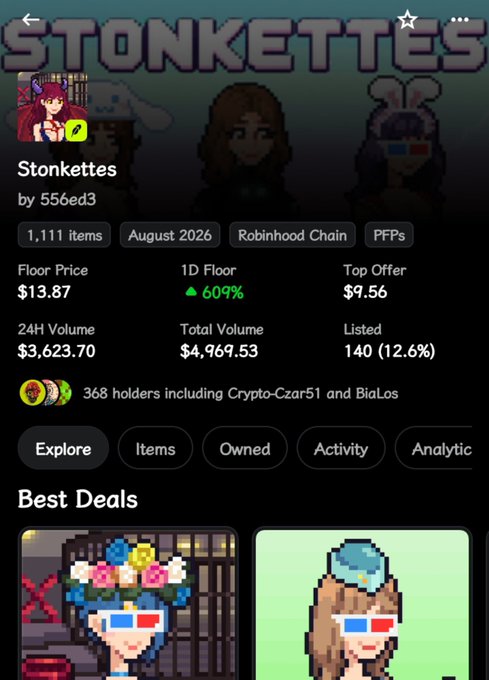 An OpenSea NFT collection page for 'Stonkettes' showing a floor price of $13.87, 1D floor up 609%, and 24H volume of $3,623.70 with pixel art character thumbnails.