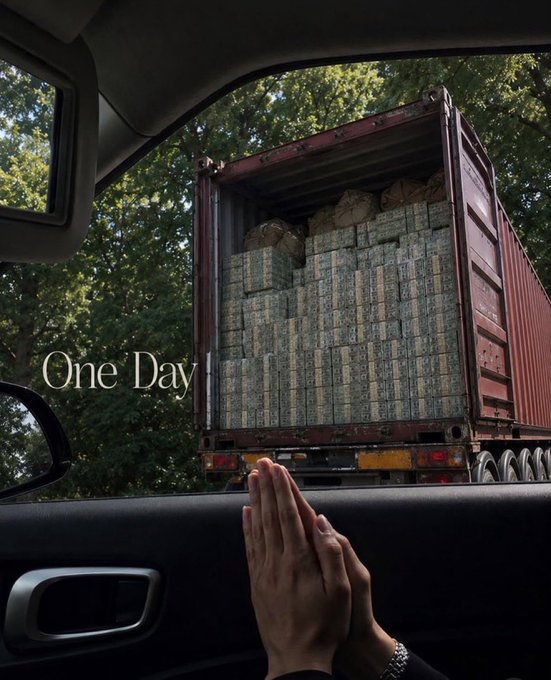 A pair of hands are clasped together in prayer inside a car, with the text "One Day" overlaid on the scene, while a truck loaded with stacked boxes—resembling shipping containers of crypto—passes by outside. The image and accompanying post "On September 15, cryptocurrency investors" evoke hope and anticipation, as if the faithful are praying for a long-awaited market breakthrough symbolized by the arriving cargo.
