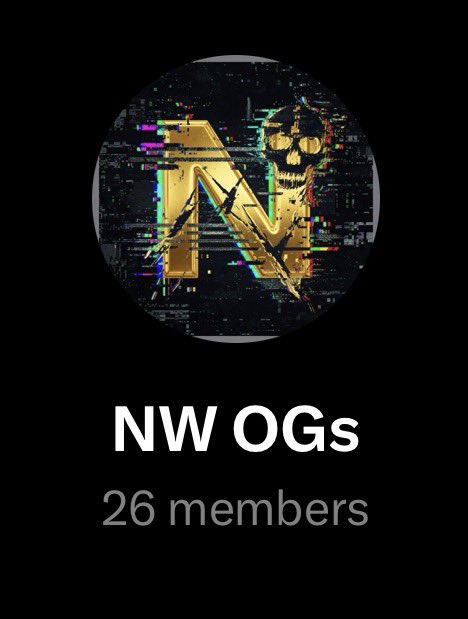 A digital graphic featuring a skull overlaid on a glitchy 'M' logo inside a circle, with text 'NW OGs' and '26 members' below.