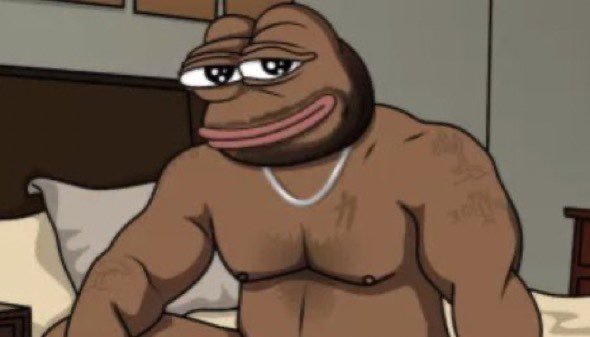 Animated illustration of a shirtless, muscular brown character with heavy-lidded eyes and a silver chain necklace sitting on a bed.