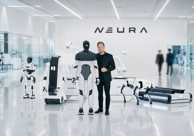 The image features a man standing next to two robots in front of a white wall that says "NEURARobotics". The man appears to be posing for a photo with the robots. In the background, there are other people present as well. The image also contains text related to stablecoins and the betting on them, which is likely part of the context behind the scene.