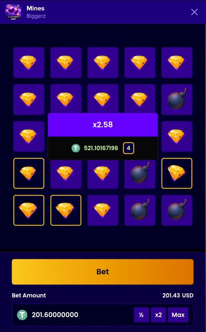Mines game interface by Biggerz showing a 5x5 grid of diamonds and bombs, with a current x2.58 multiplier, bet amount of 201.43 USD, and 521.101167196 in winnings available.