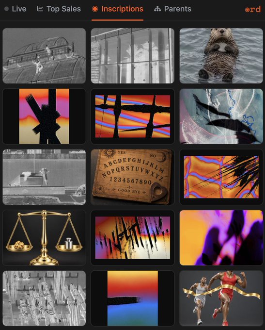 A grid interface showing 12 image thumbnails under navigation tabs labeled 'Live', 'Top Sales', 'Inscriptions', and 'Parents', with 'ord' in the top right corner.