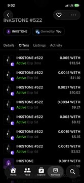 A mobile screenshot from what appears to be a cryptocurrency marketplace showing 'INKSTONE #522' token details. The listing shows activity with multiple transactions including '1 exp bid' amounts ranging from 0.003 WETH to 0.0051 WETH.