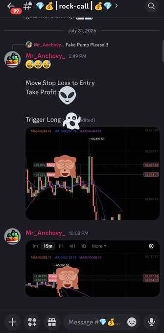 A Discord chat screenshot from "rock-call" channel dated July 31, 2026, shows user "Mr_Anchovy_" posting two trading charts (likely BTC/USD on a 15-minute timeframe) with frustrated monkey emojis, noting "Move Stop Loss to Entry Take Profit" — reflecting the poster's frustration with crypto trading losses, tying into the NFT/community tags #Rockateral and #RockGuardians mentioned in the caption.