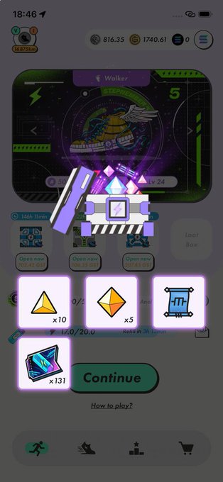 A mobile game screenshot displaying a "Continue" screen with a reward chest containing triangular and rectangular items marked with quantities (x10, x5, x131) over a darkened background.