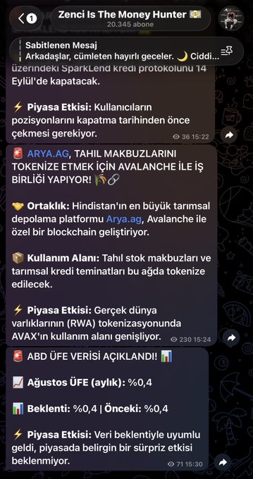 A Telegram channel post from "Zenci is The Money Hunter" covering crypto and macro news, including SparkLend closing on September 14, ARYA.AG tokenizing treasury bills with Avalanche (AVAX), and the August US CPI release at 0.4% matching expectations. The image directly supports the caption's call to action by showcasing the type of concise market interpretations and impact analyses shared in the channel.