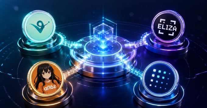 A futuristic 3D graphic displaying interconnected circular nodes for cryptocurrency projects, including VET (VeChain), ELIZA, a16z (Andreessen Horowitz), and a blue grid icon (likely Algorand), with a glowing central cube.