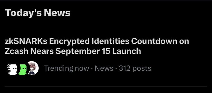 A dark-themed news banner titled 'Today's News' with the headline 'zkSNARKs Encrypted Identities Countdown on Zcash Nears September 15 Launch' and 'Trending now · News · 312 posts'.