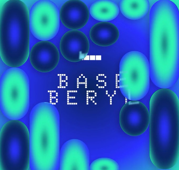 Abstract digital artwork with glowing blue and green orbs on a dark background, overlaid with the text 'BASK BERY' (likely 'BASK BERRY') in pixelated font.
