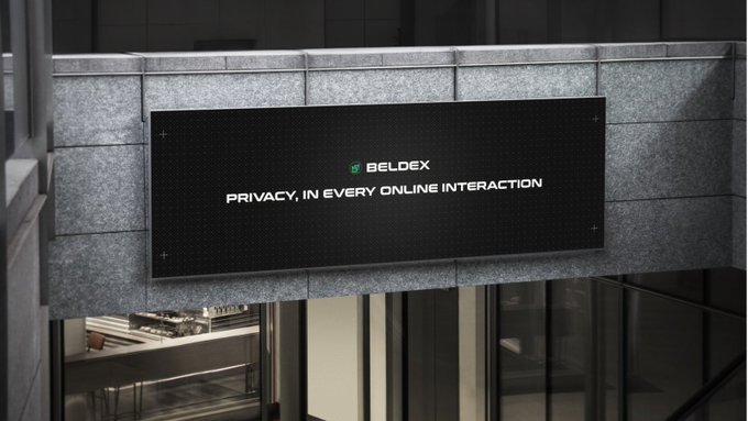 A black digital billboard mounted on a gray building exterior displaying 'BELDEX' and the tagline 'PRIVACY, IN EVERY ONLINE INTERACTION'.