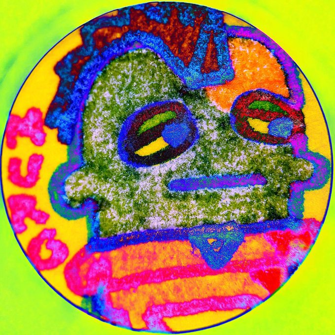 A vibrant, abstract digital painting featuring a green face with stylized eyes, rendered in neon colors of blue, pink, orange, and yellow against a bright green background.