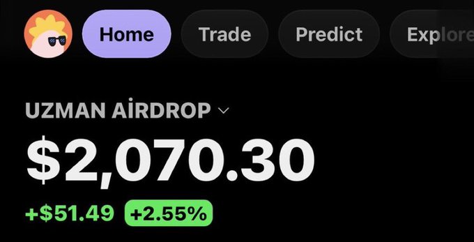 The screenshot shows a crypto airdrop dashboard displaying "UZMAN AIRDROP" with a portfolio value of $2,070.30, up $51.49 (+2.55%), featuring Home, Trade, Predict, and Explore tabs. This likely represents an example of the type of crypto trading platform or airdrop promotion being promoted in the accompanying Solana giveaway post.
