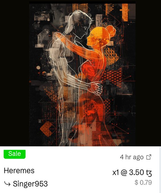 An NFT marketplace listing for an artwork titled 'Heremes' by Singer953, sold for 3.50 TEZ ($0.79).