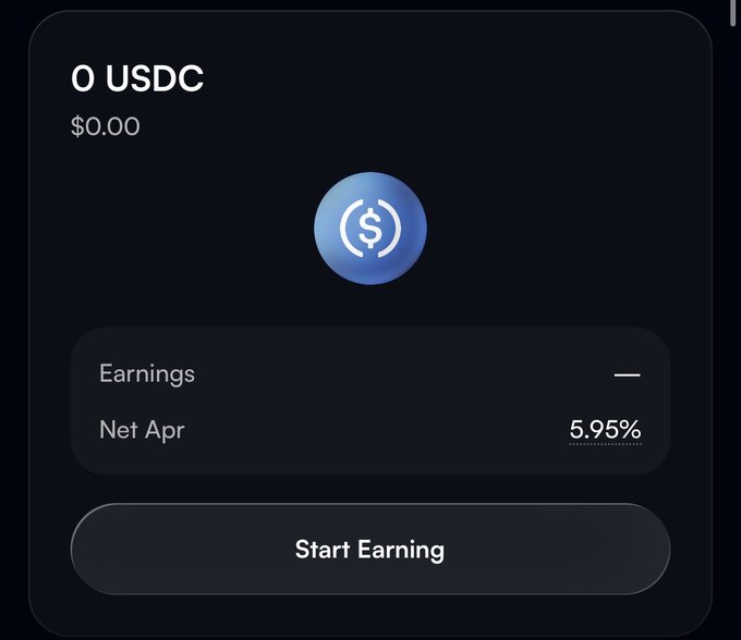 A dark-themed financial app interface shows '0 USDC' with a balance of $0.00, displaying a 'Net Apr' of 5.95% and a 'Start Earning' button.