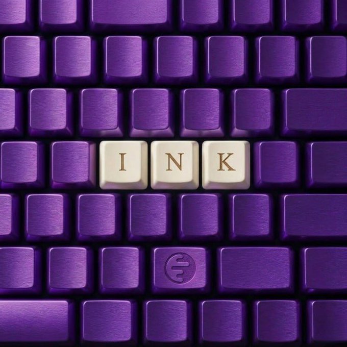 A close-up of a purple keyboard with three cream-colored keys spelling out 'INK' in the center.