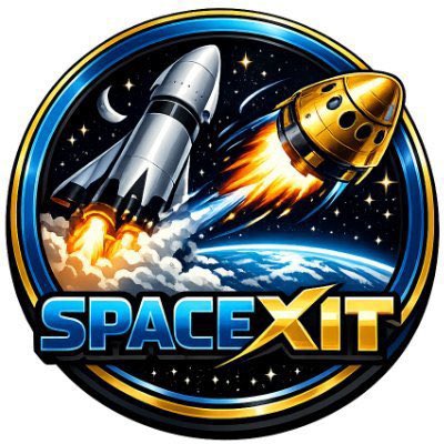 The image features a logo for a company called SpaceXIT. The logo consists of two rockets, one white and one gold, flying through space with their respective flames shooting out from them. The rocket on the left has its flame pointing towards the top right corner of the image, while the rocket on the right has its flame pointing towards the bottom left corner. The background is a dark blue circle filled with stars, representing outer space. Below the rockets and the starry background, there's text that reads "SPACEXIT" in white letters, indicating the company's name or brand.
