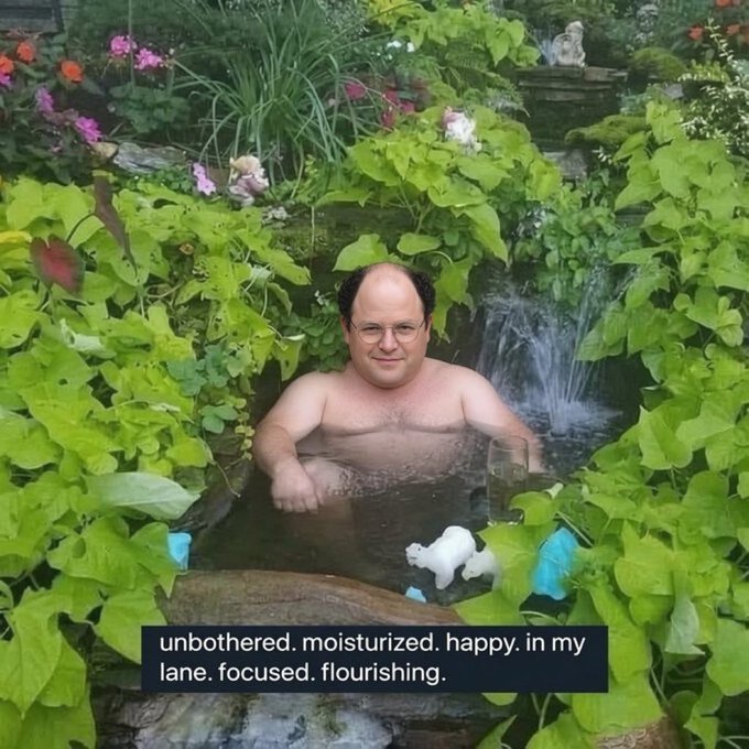 A meme featuring George Costanza from Seinfeld relaxing in an outdoor hot tub surrounded by lush greenery, with the text 'unbothered. moisturized. happy. in my lane. focused. flourishing.'