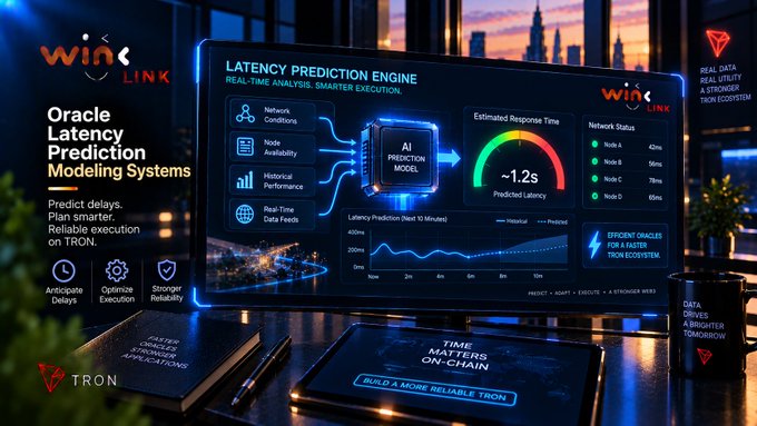 A promotional graphic for 'WinkLink' titled 'Oracle Latency Prediction Modeling Systems' featuring a futuristic dashboard with 'AI PREDICTION MODEL', latency graphs, and TRON blockchain branding.