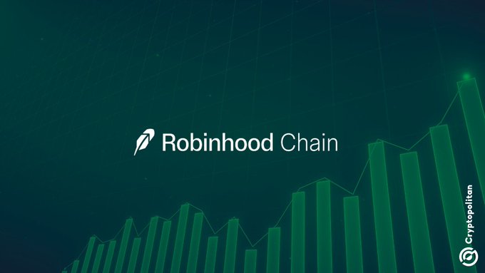 The image features a green digital graphic with an upward-trending bar chart in the background, displaying the "Robinhood Chain" logo and name prominently in the center, with a "Cryptopolitan" watermark on the right side.

The image illustrates the post's claim about Robinhood Chain's strong performance one month after launch, with the rising green bars visually reinforcing the optimistic message about the network's achievements and anticipated leadership in the upcoming crypto market phase.