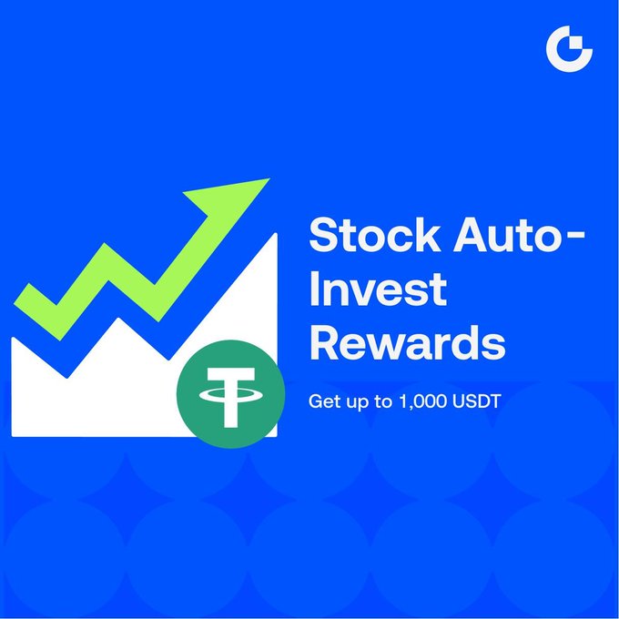 A promotional graphic with a blue background features a white area chart trending upward with a green arrow and a Tether (USDT) coin icon, accompanied by the text "Stock Auto-Invest Rewards - Get up to 1,000 USDT" and the Gumloop logo, advertising a crypto rewards program for new users.